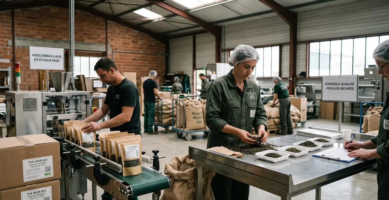 Travailleurs dans une usine de transformation du thé lors du contrôle qualité et de l'emballage avec étiquettes de traçabilité