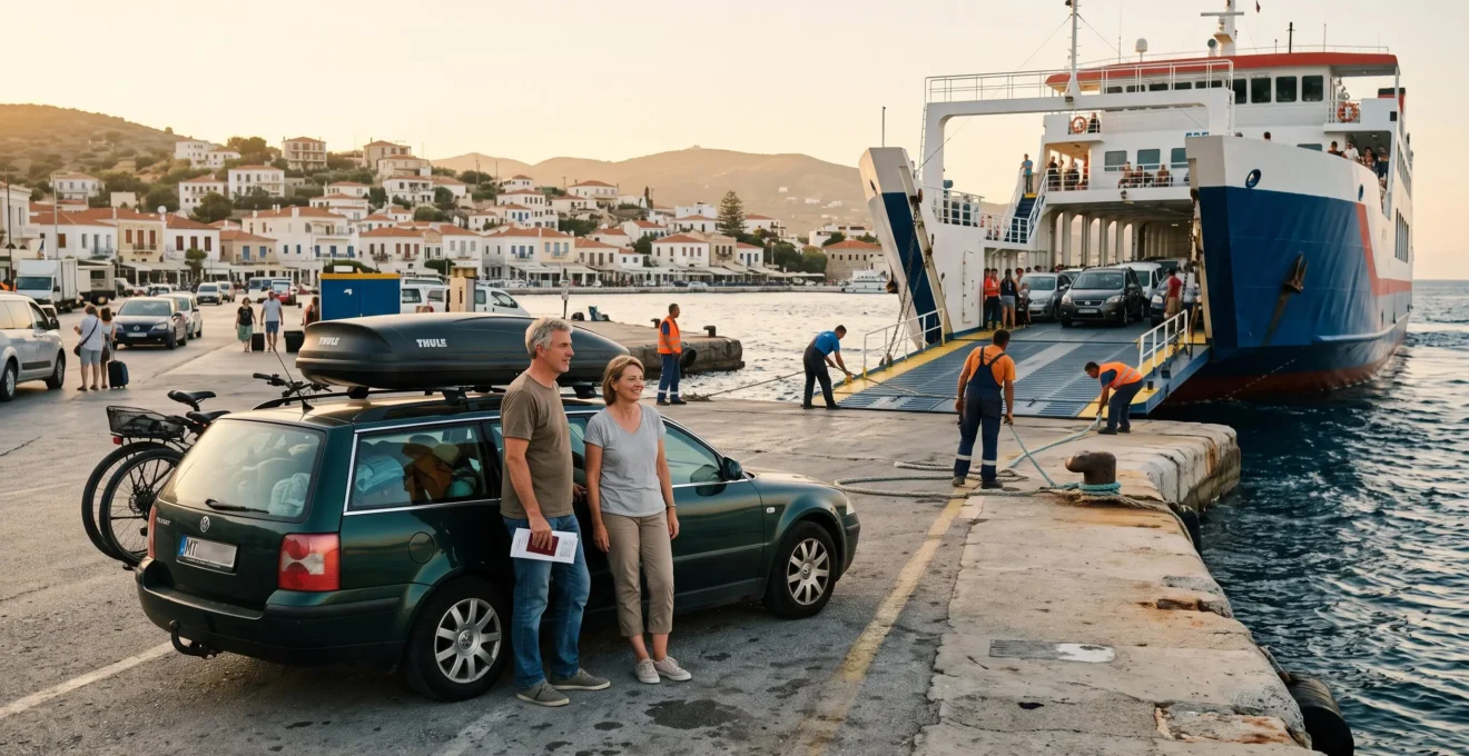 Ein Auto-Fährenschiff läuft in einen Mittelmeerhafen ein, während ein Urlauberpaar mit beladenem Kombi auf der Pier wartet.