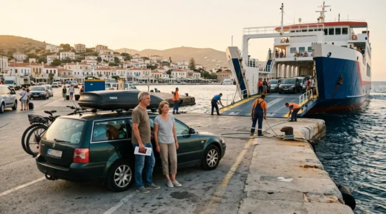 Ein Auto-Fährenschiff läuft in einen Mittelmeerhafen ein, während ein Urlauberpaar mit beladenem Kombi auf der Pier wartet.